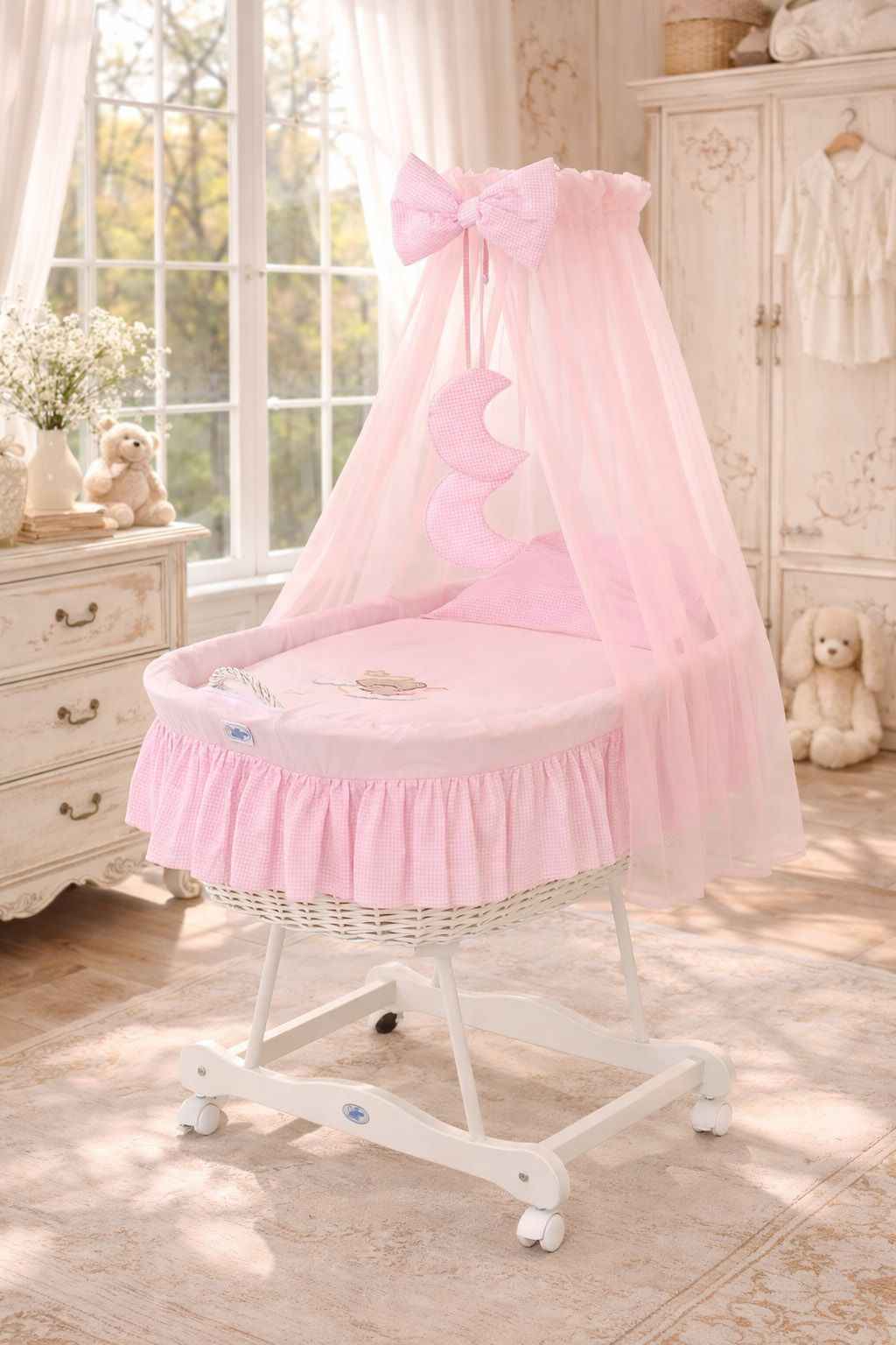 Moses Basket Wicker drape crib Good night - white + pink bedding