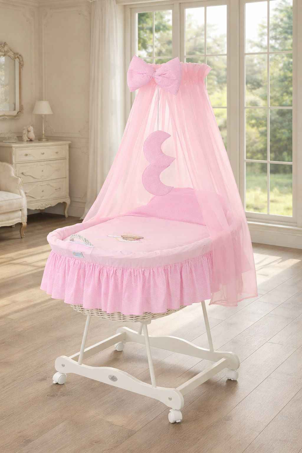 Moses Basket Wicker drape crib Good night - white + pink bedding