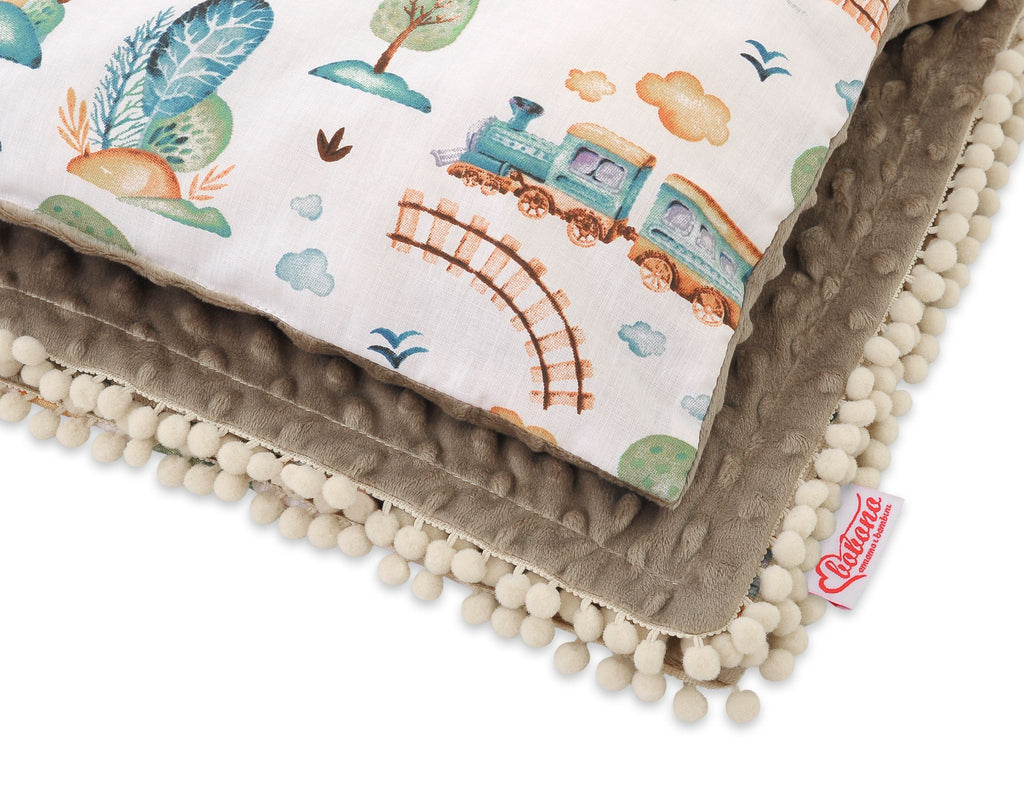 Set: Double-sided blanket minky + pillow- turquoise train