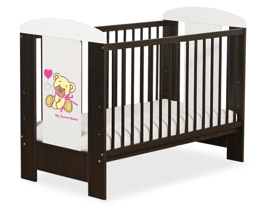 Wooden baby cot 120x60cm teddy bear with a bow pink-brown