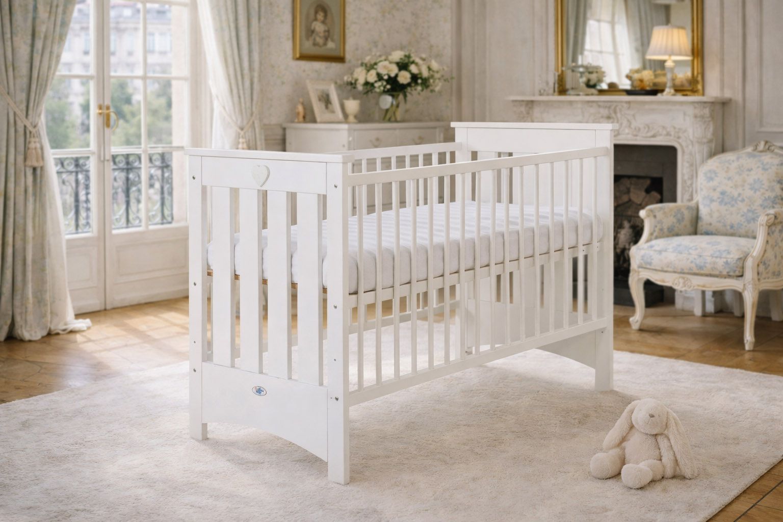 Wooden baby cot  120x60cm Lorenzo III white, with teething rail
