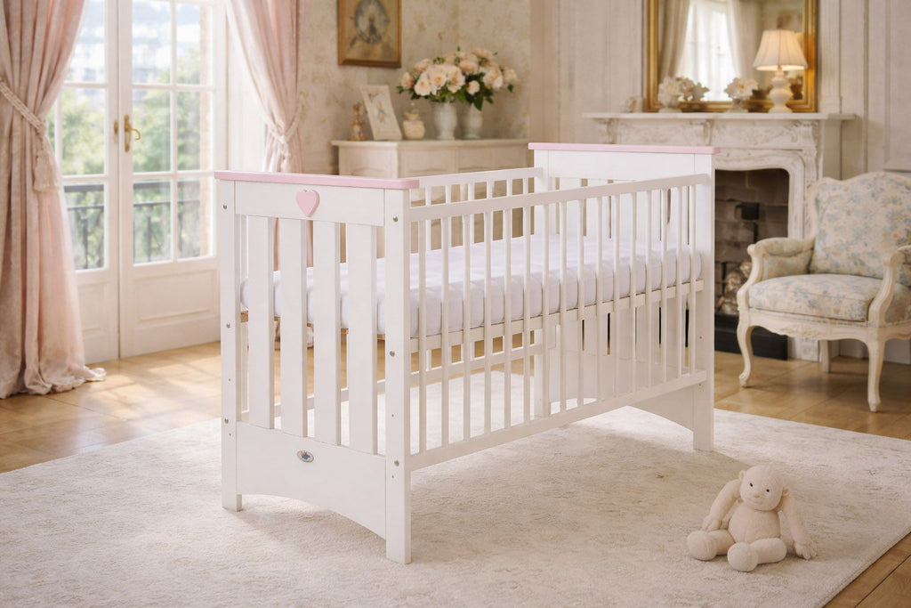 Wooden baby cot 120x60cm Lorenzo III white-pink, with teething rail