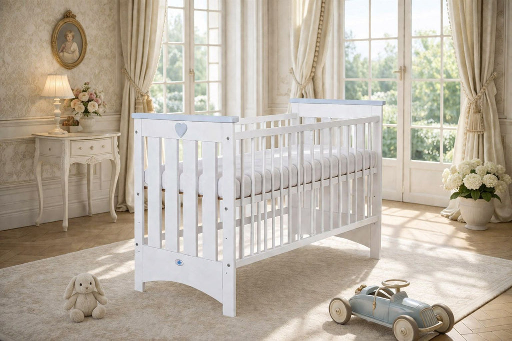 Wooden baby cot 120x60cm Lorenzo III white-grey, with teething rail