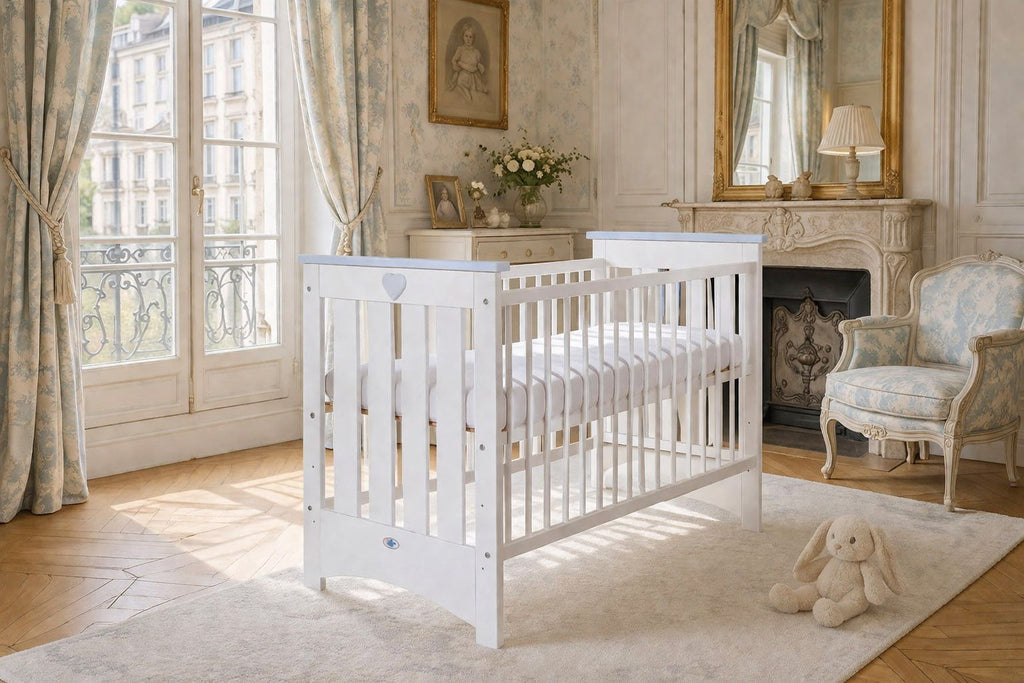 Wooden baby cot 120x60cm Lorenzo III white-grey, with teething rail