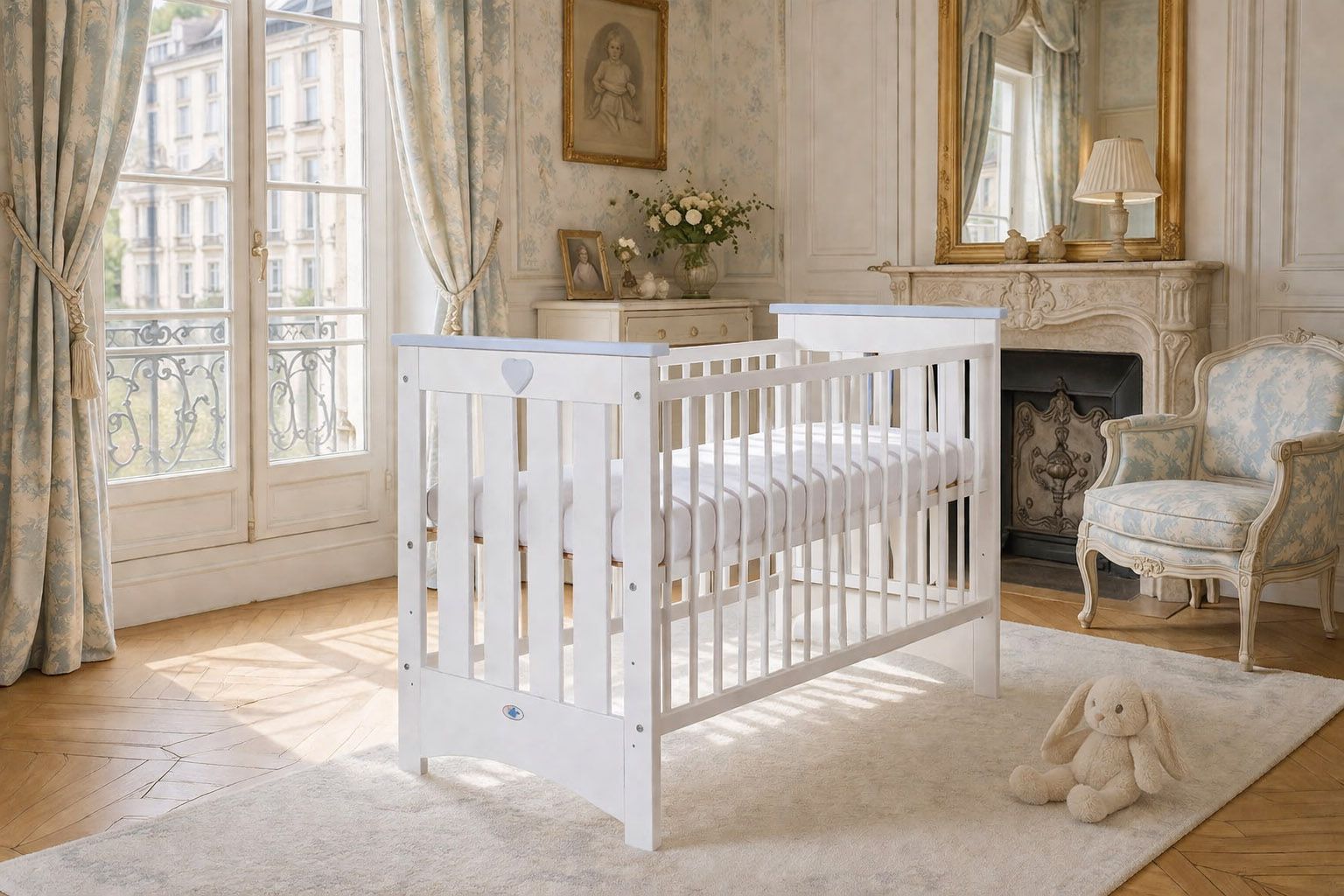 Wooden baby cot 120x60cm Lorenzo III white-grey, with teething rail