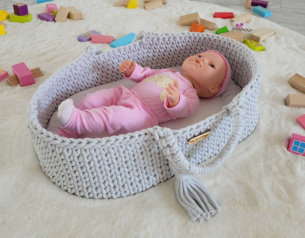 Moses basket BOHO cotton - doll carrier - light grey