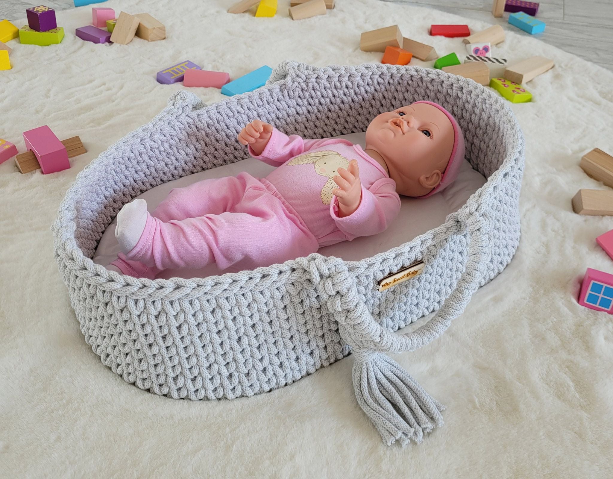 Moses basket BOHO cotton - doll carrier - light grey