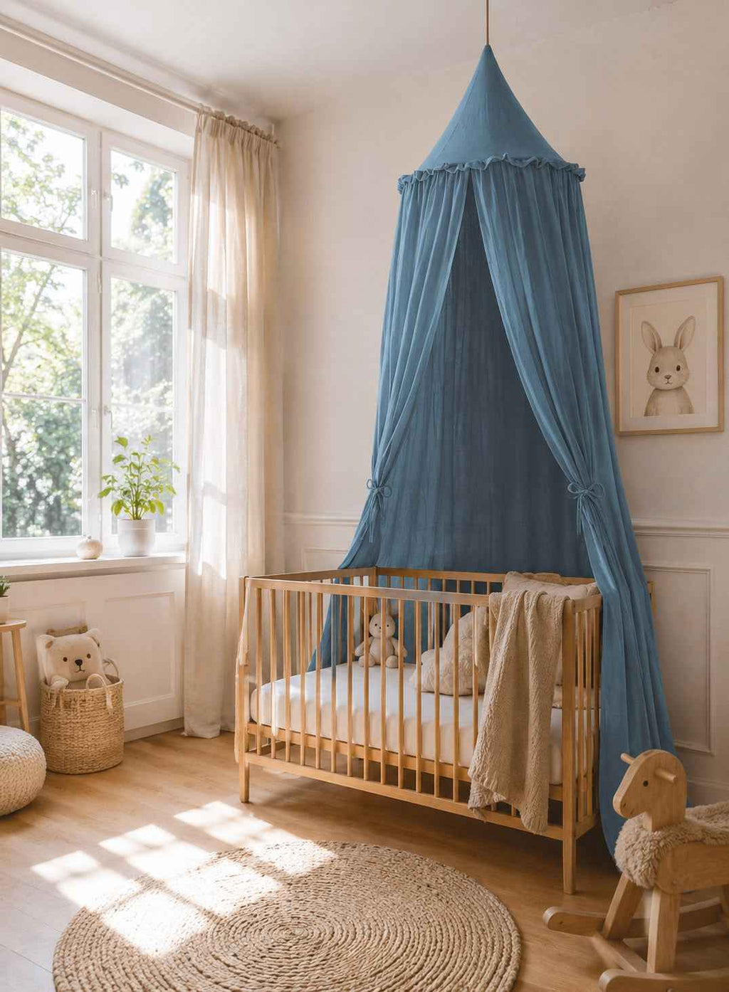 Muslin hanging canopy with frill - pastel blue