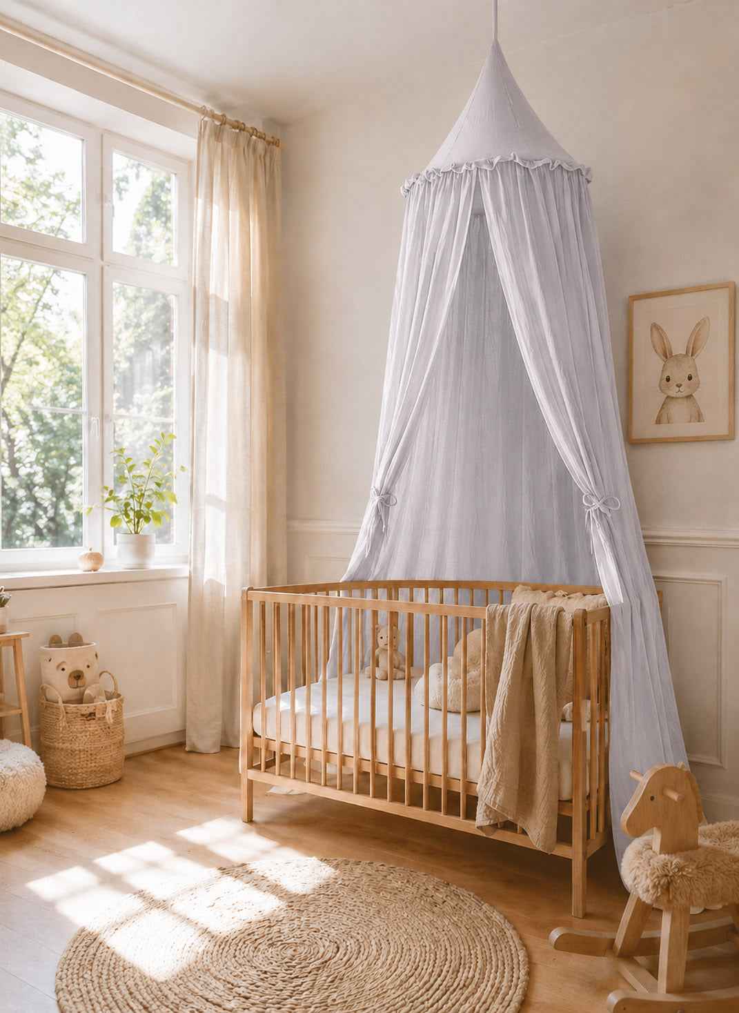 Muslin hanging canopy with frill - grey