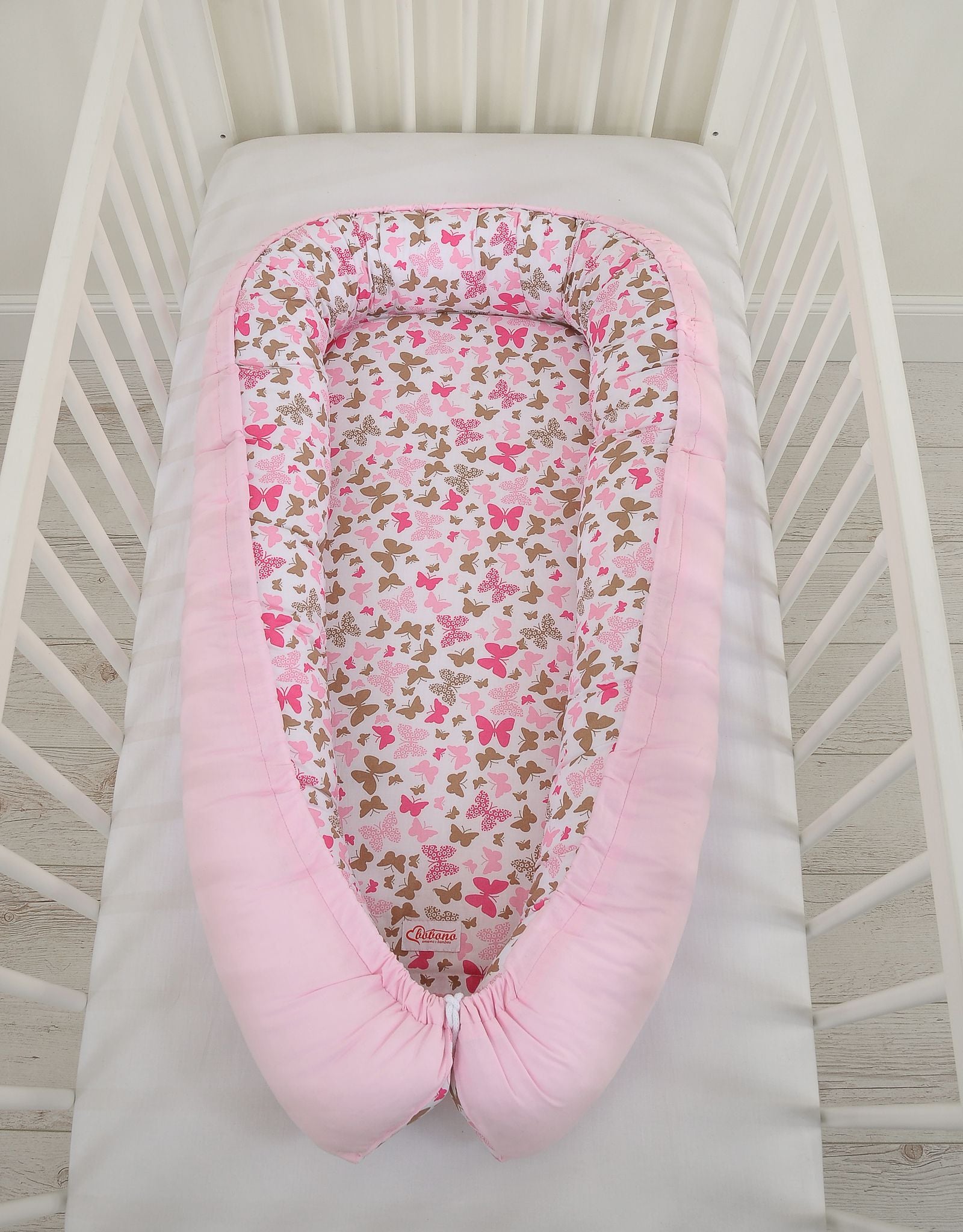 Baby nest double-sided Premium Cocoon for infants BOBONO- pink butterflies/pink