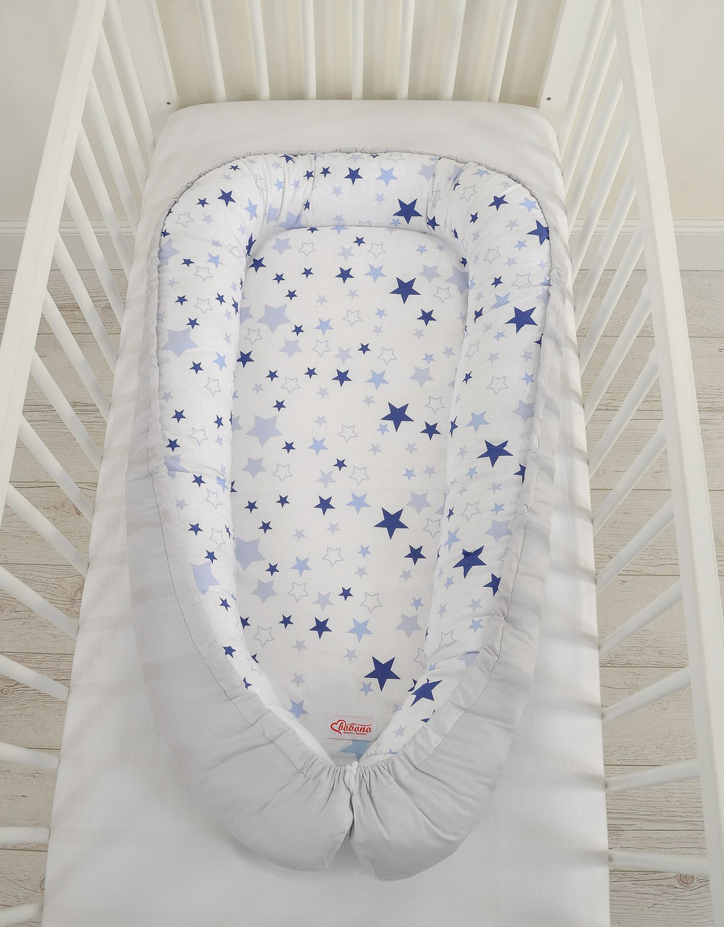 Baby nest double-sided Premium Cocoon for infants BOBONO- blue stars/gray