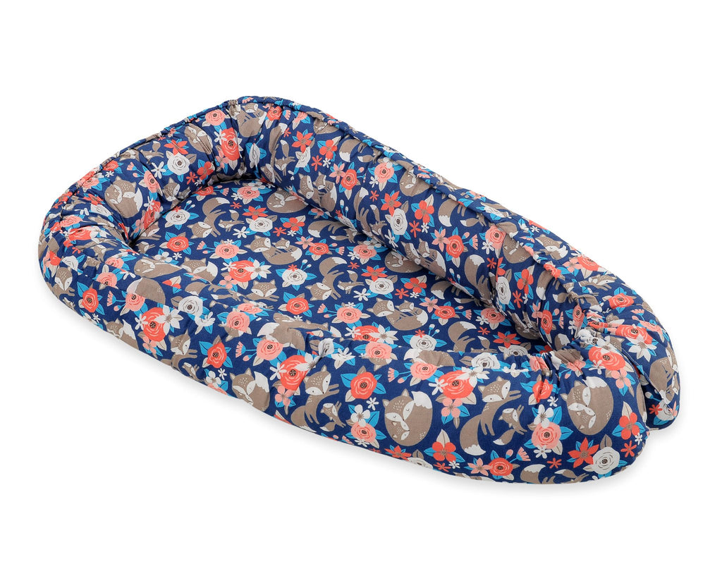 Baby nest double-sided Premium Cocoon for infants BOBONO- fox family on blue