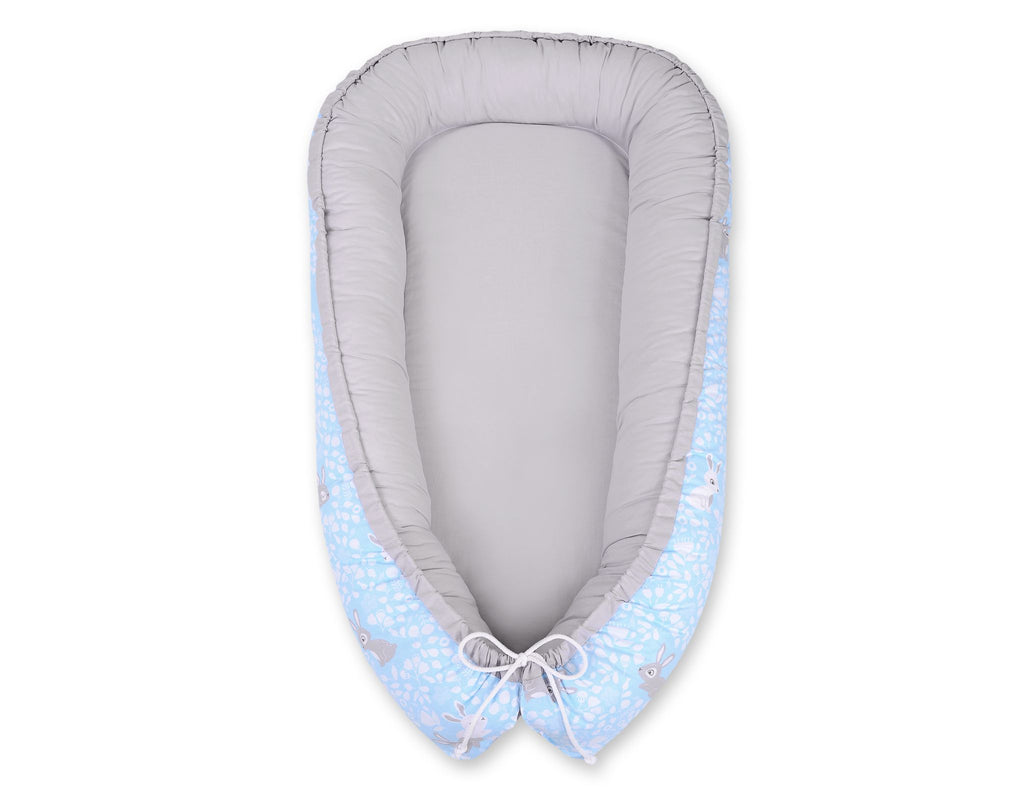 Baby nest double-sided Premium Cocoon for infants BOBONO- blue rabbits/gray