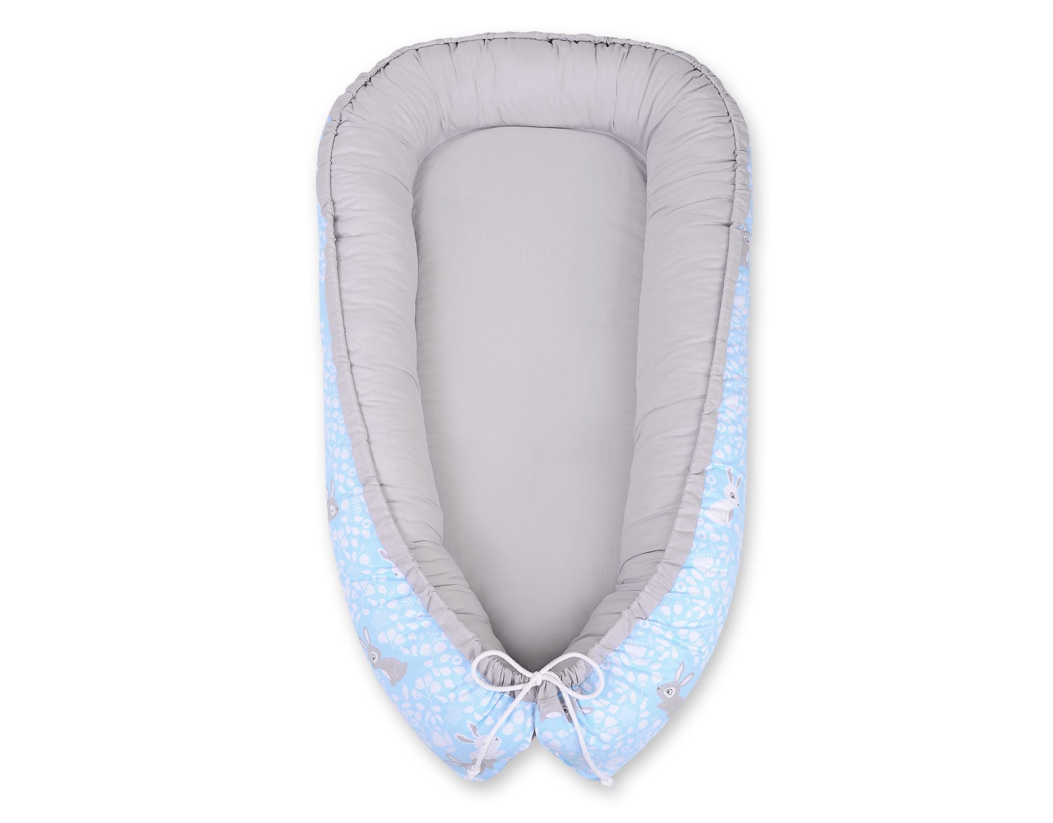 Baby nest double-sided Premium Cocoon for infants BOBONO- blue rabbits/gray