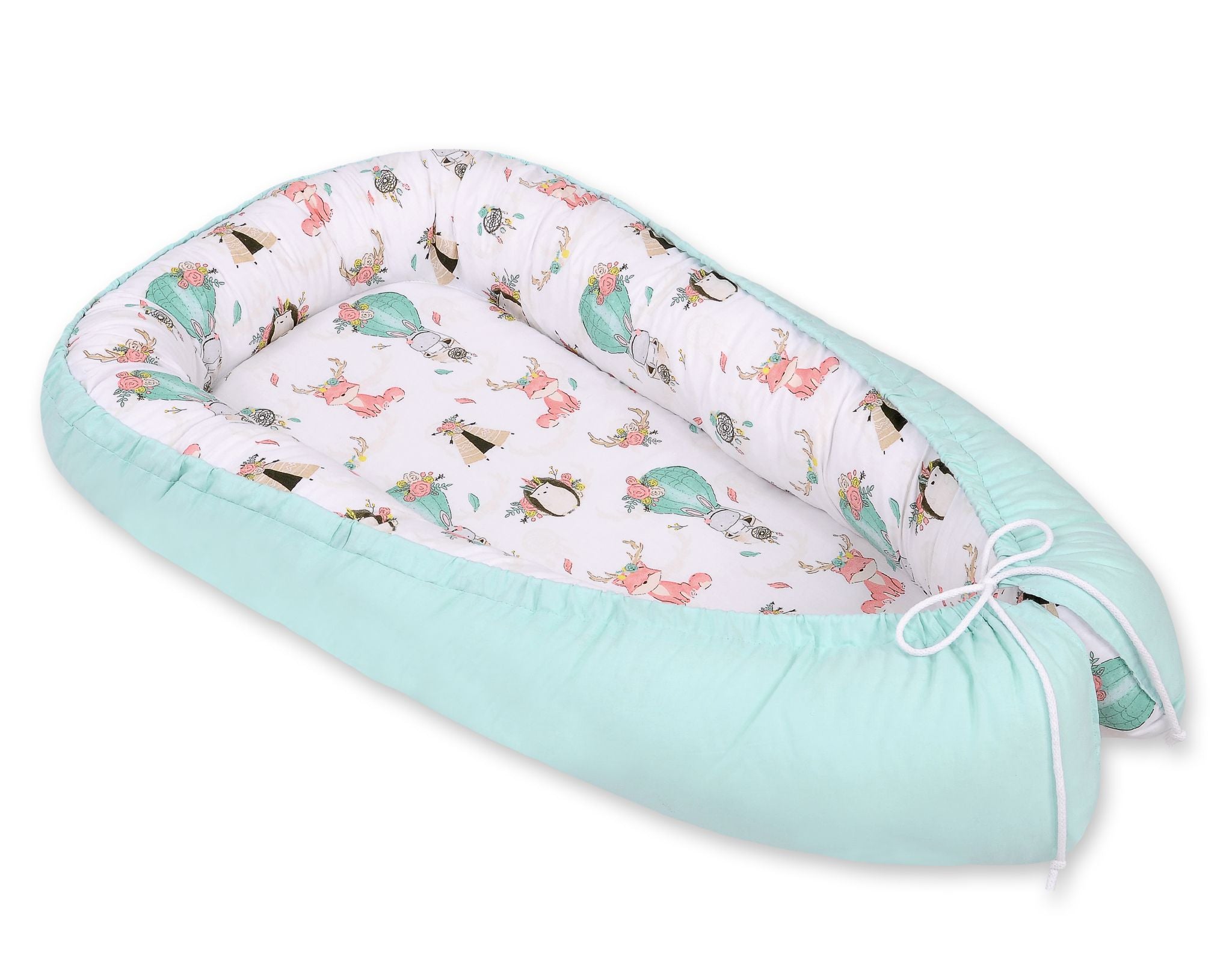 Baby nest double-sided Premium Cocoon for infants BOBONO- foxes beige/mint