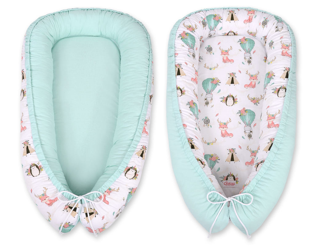 Baby nest double-sided Premium Cocoon for infants BOBONO- foxes beige/mint