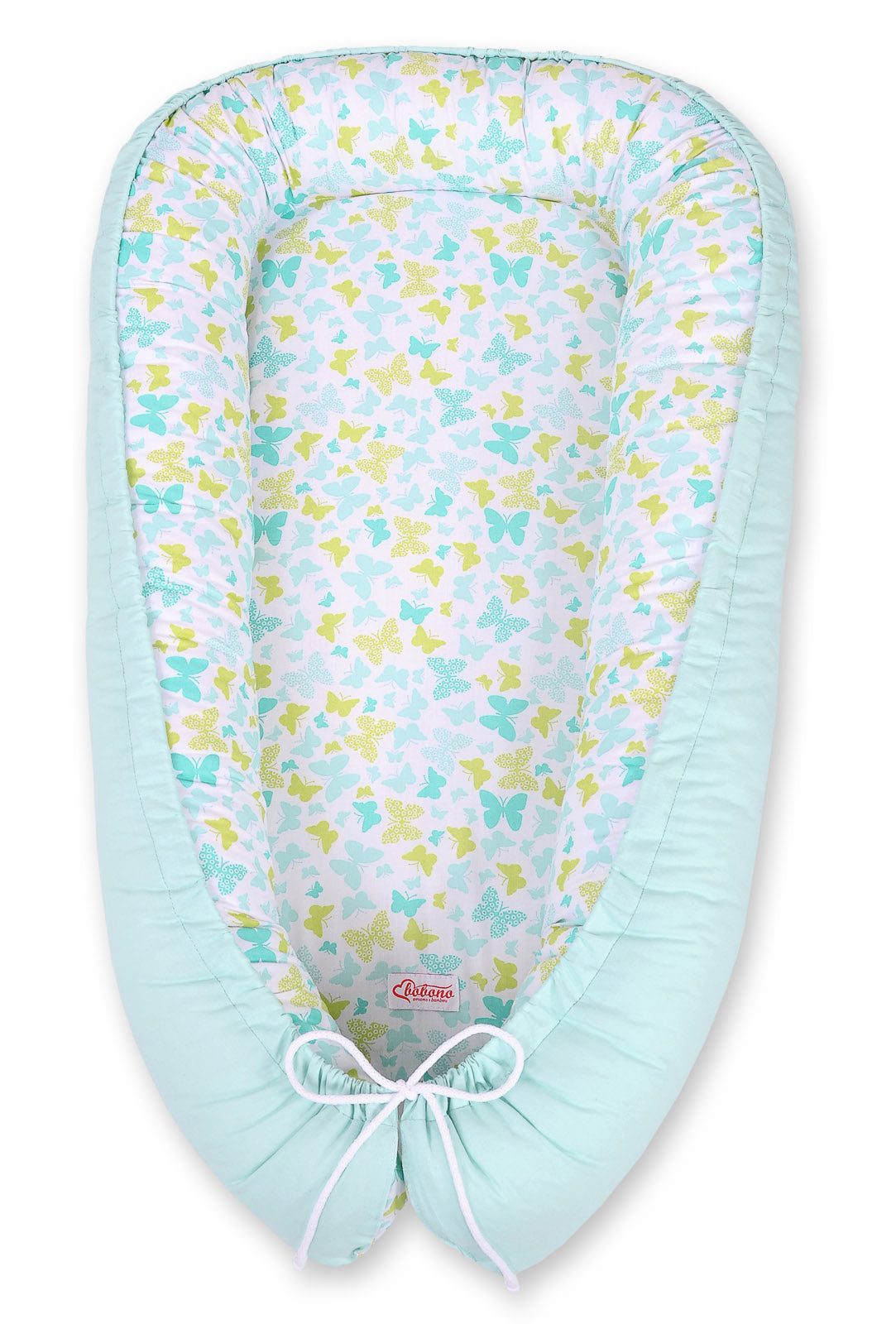 Baby nest double-sided Premium Cocoon for infants BOBONO- blue butterflies/mint