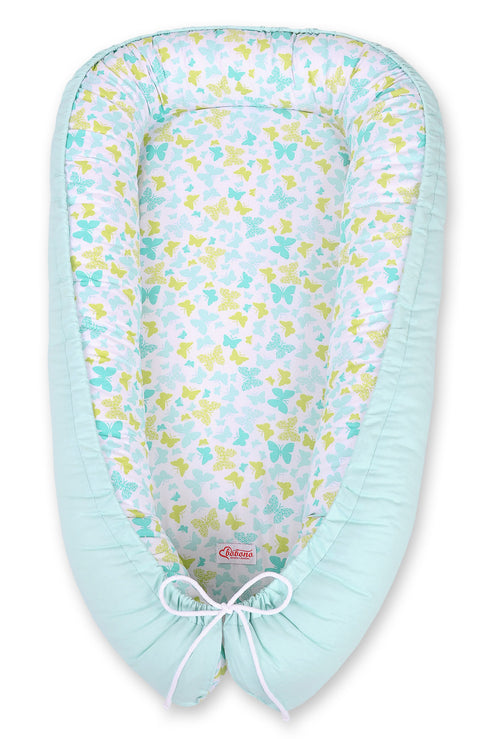 Baby nest double-sided Premium Cocoon for infants BOBONO- blue butterflies/mint