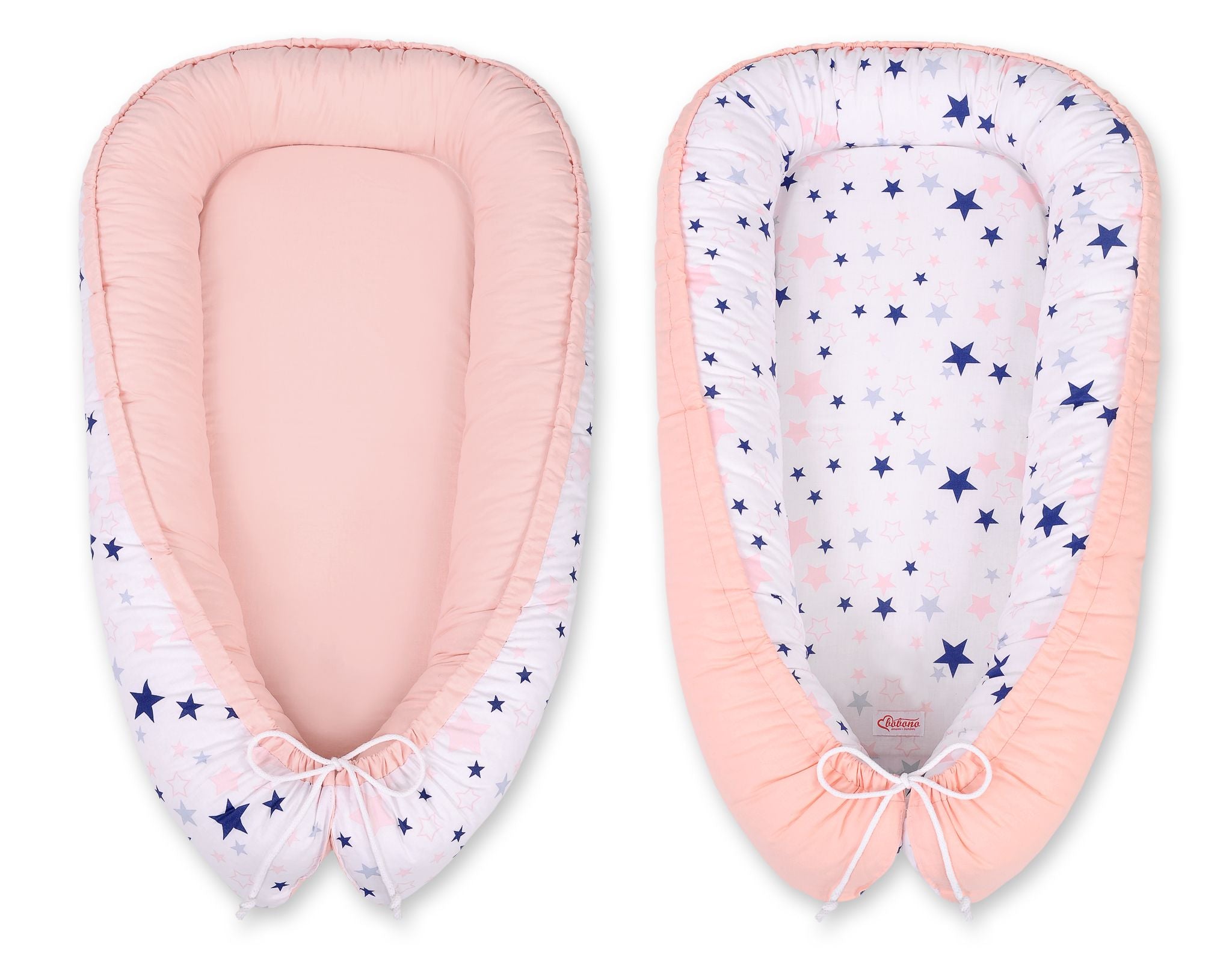 Baby nest double-sided Premium Cocoon for infants BOBONO- navy blue stars/powder pink