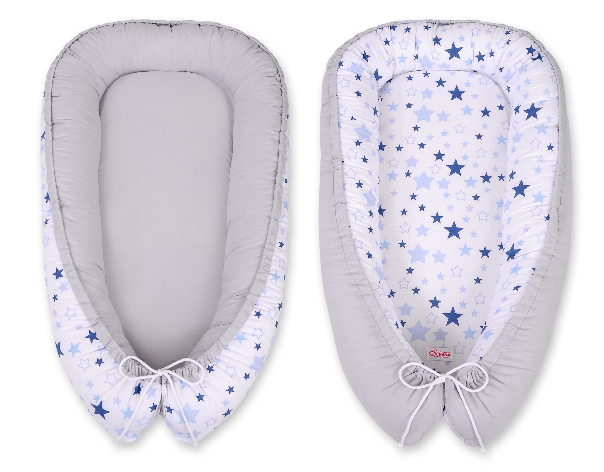 Baby nest double-sided Premium Cocoon for infants BOBONO- blue stars/gray