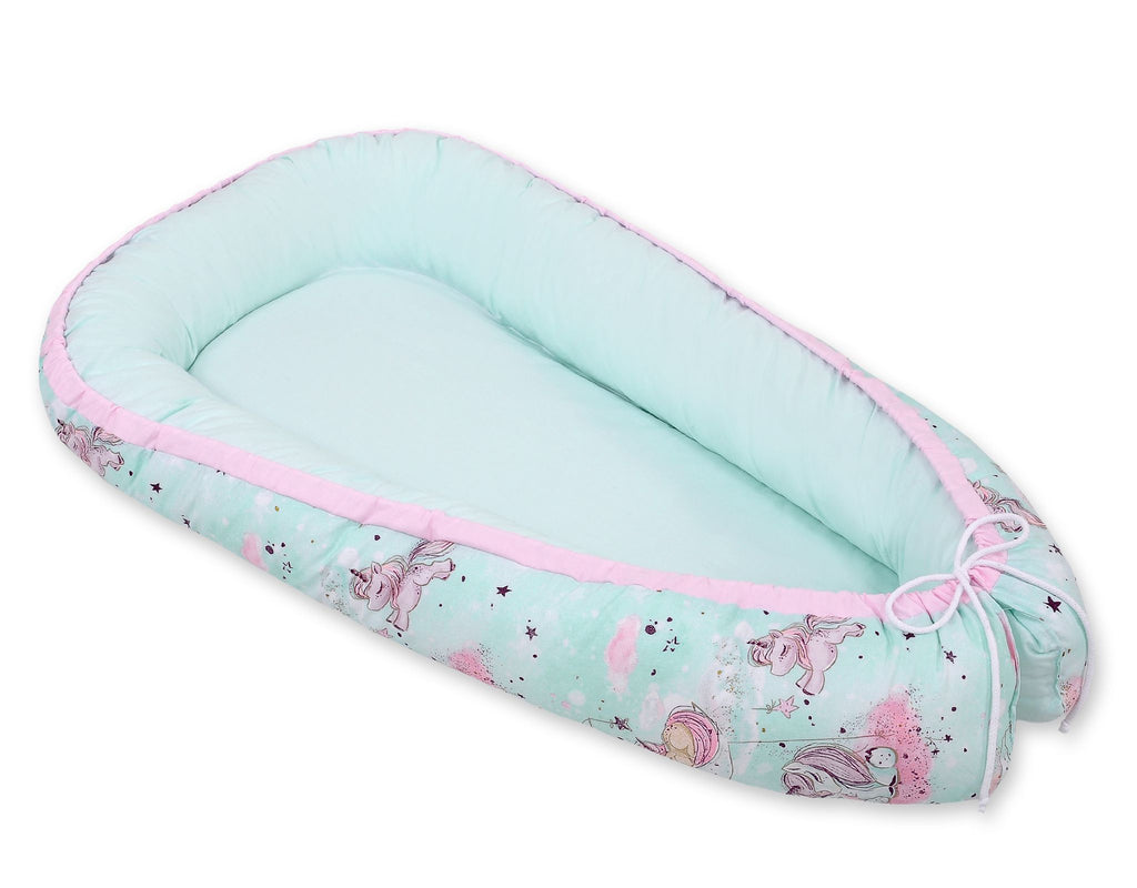 Baby nest double-sided Premium Cocoon for infants BOBONO- unicorn mint/mint