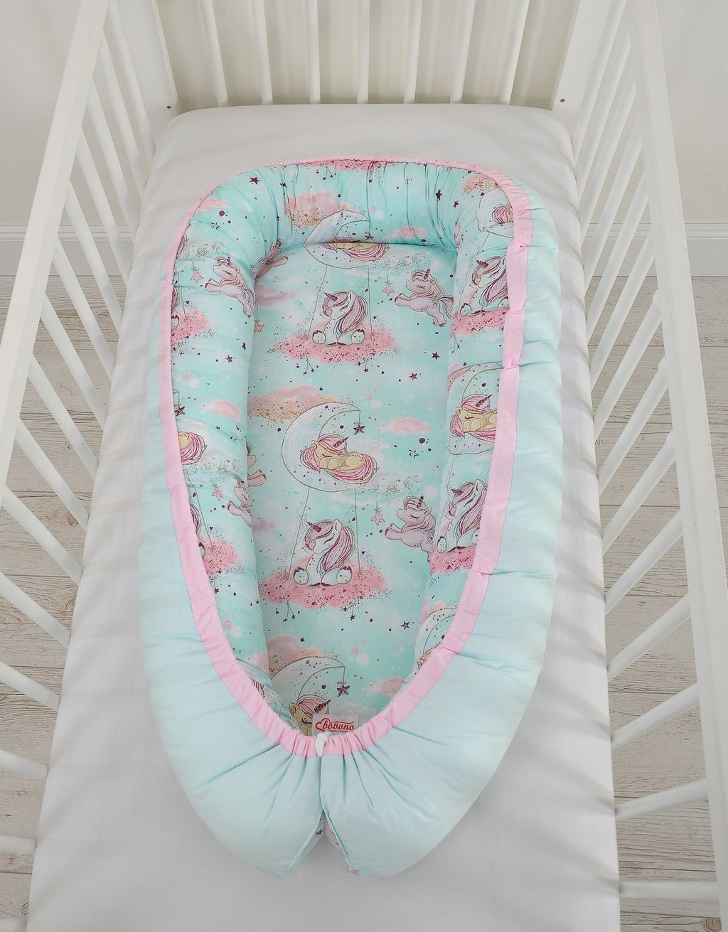 Baby nest double-sided Premium Cocoon for infants BOBONO- unicorn mint/mint