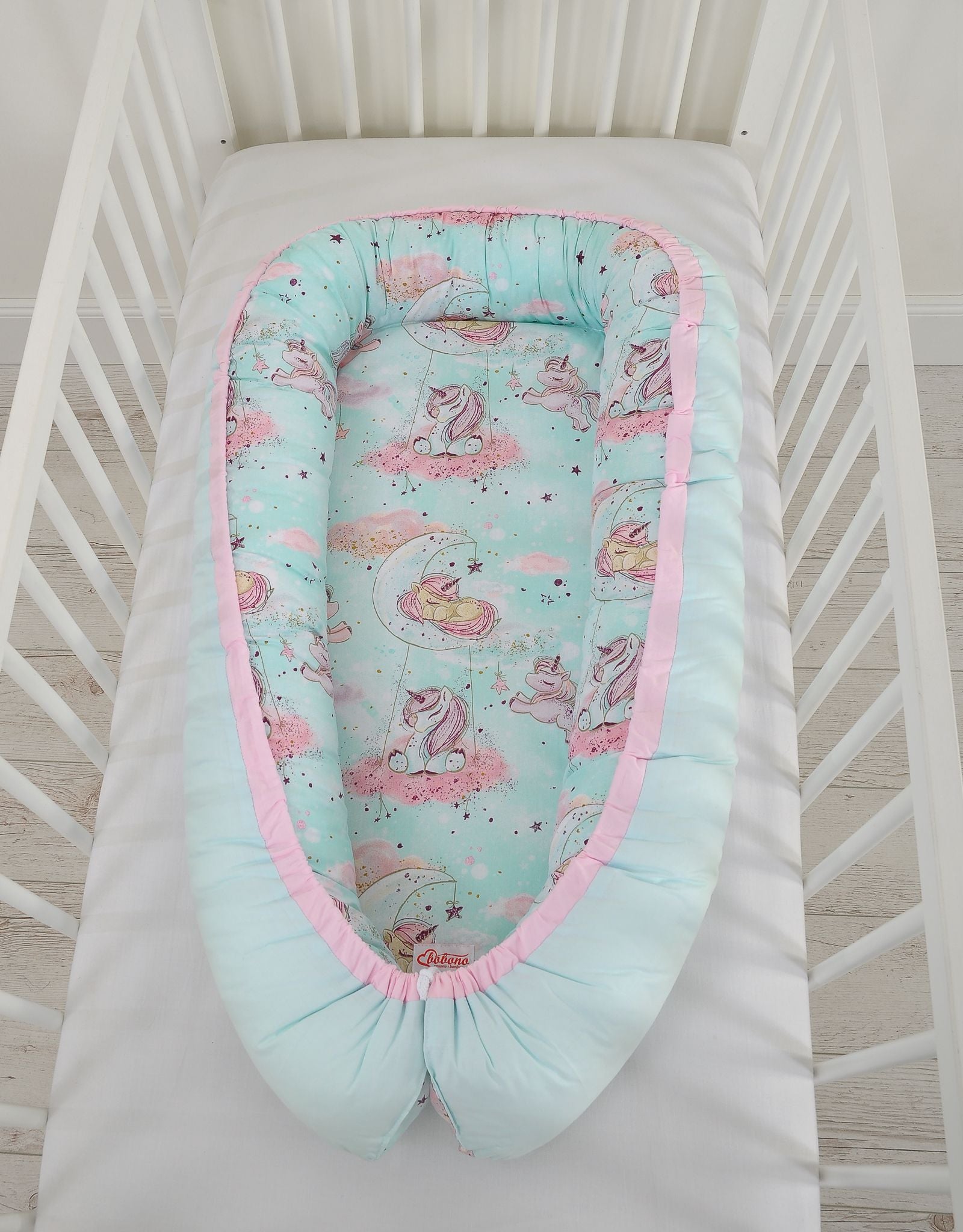 Baby nest double-sided Premium Cocoon for infants BOBONO- unicorn mint/mint