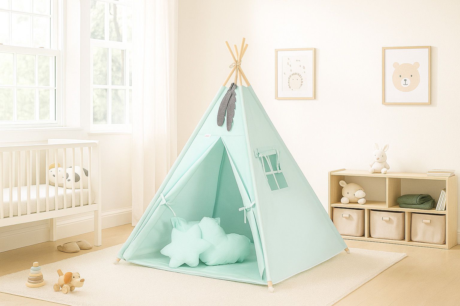 Teepee tent for kids + decorative feathers - mint