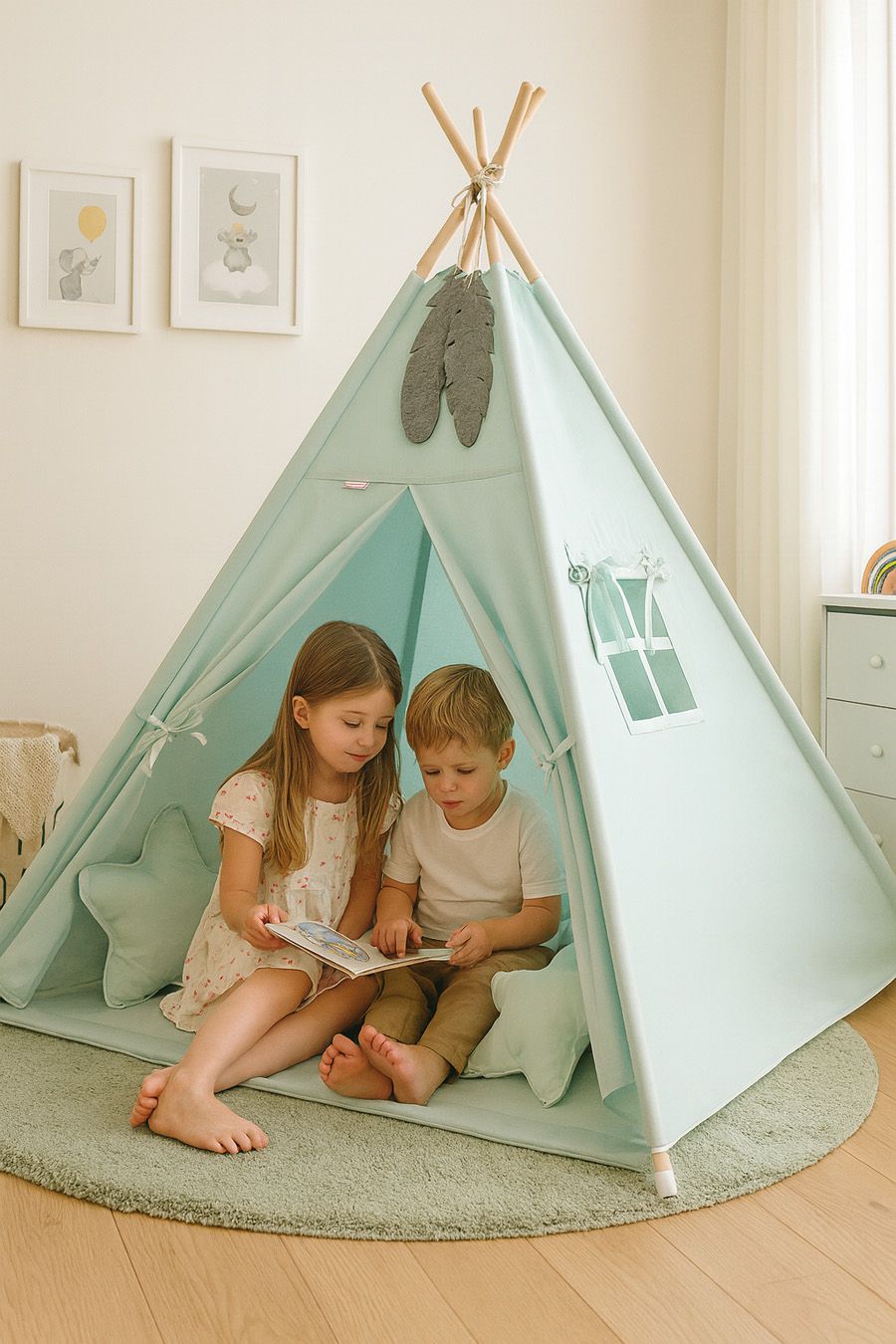 Teepee tent for kids + decorative feathers - mint