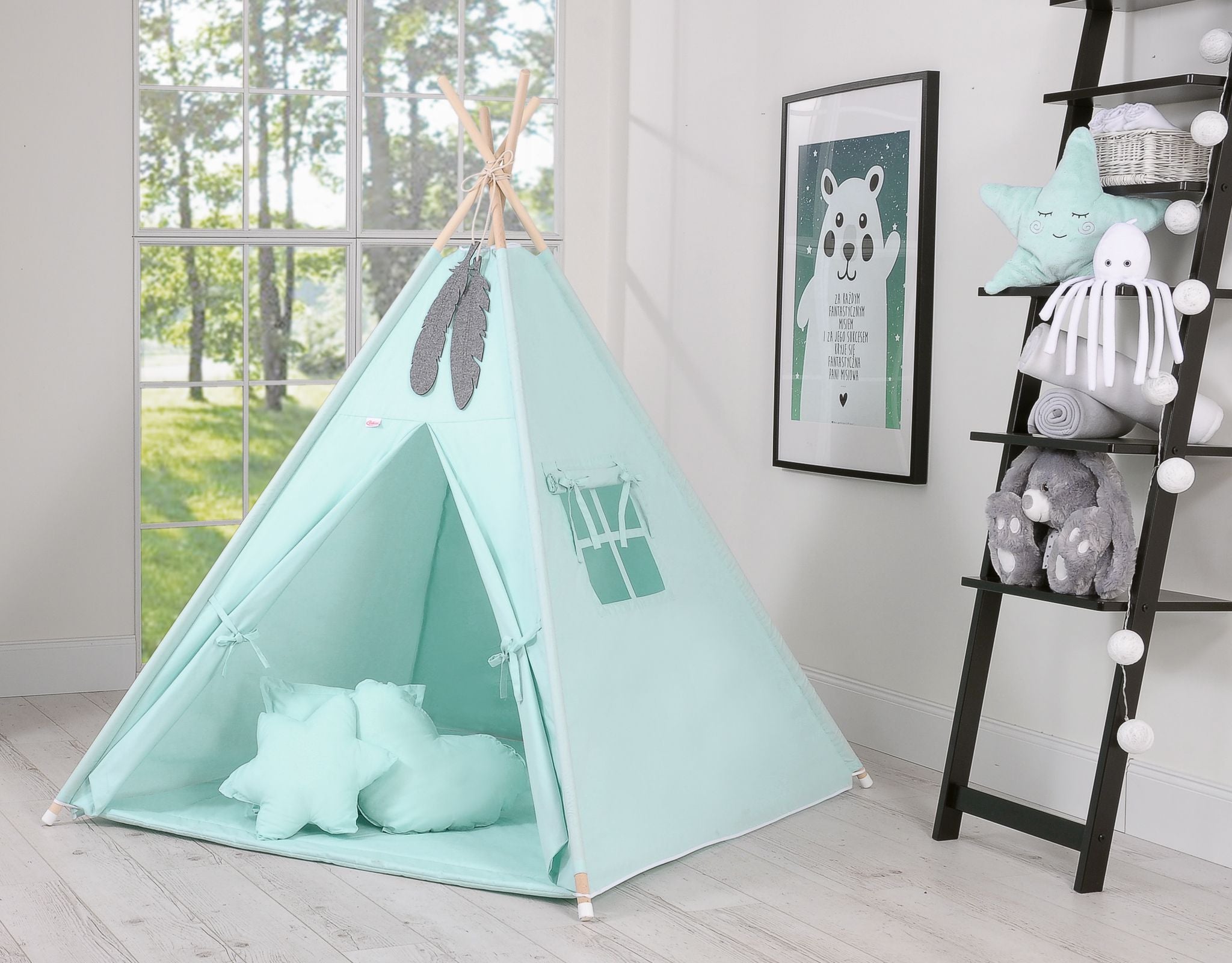 Teepee tent for kids + decorative feathers - mint