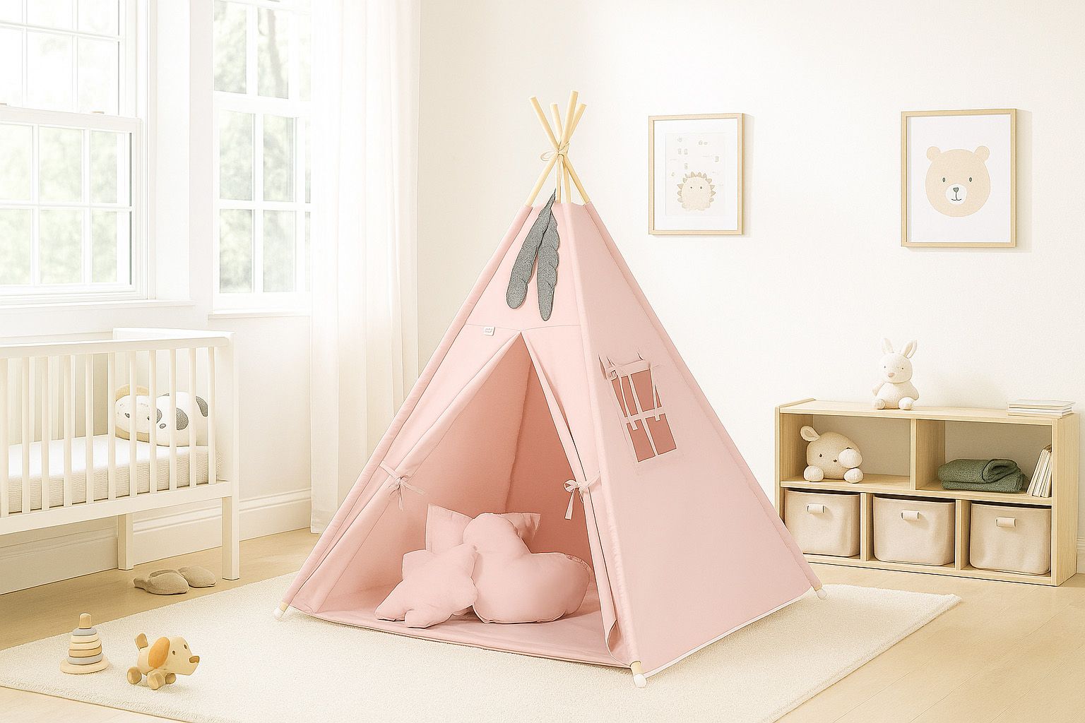 Teepee tent for kids + playmat + pillows + decorative feathers - pastel pink