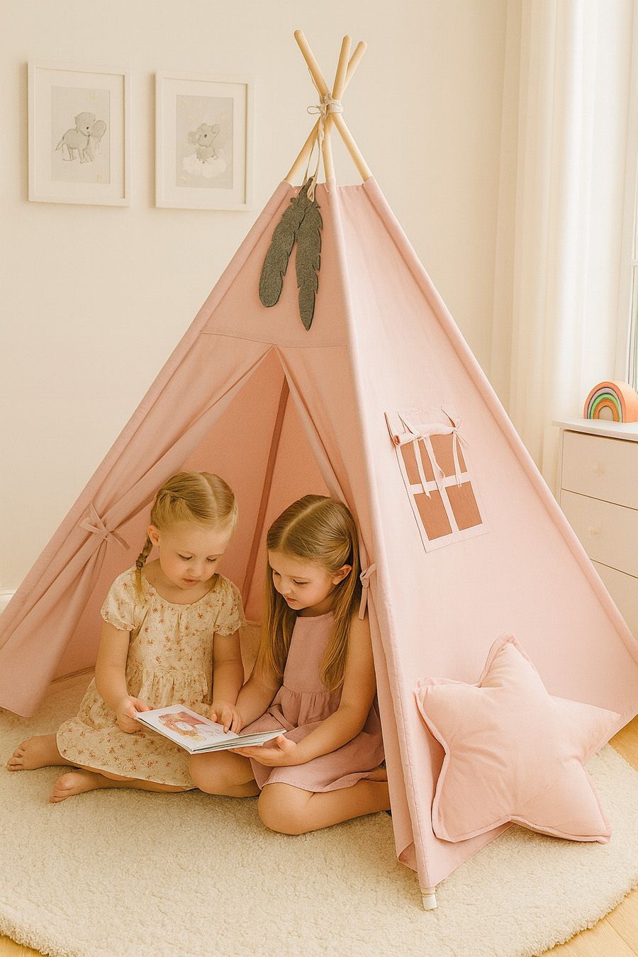 Teepee tent for kids +play mat + decorative feathers - pastel pink