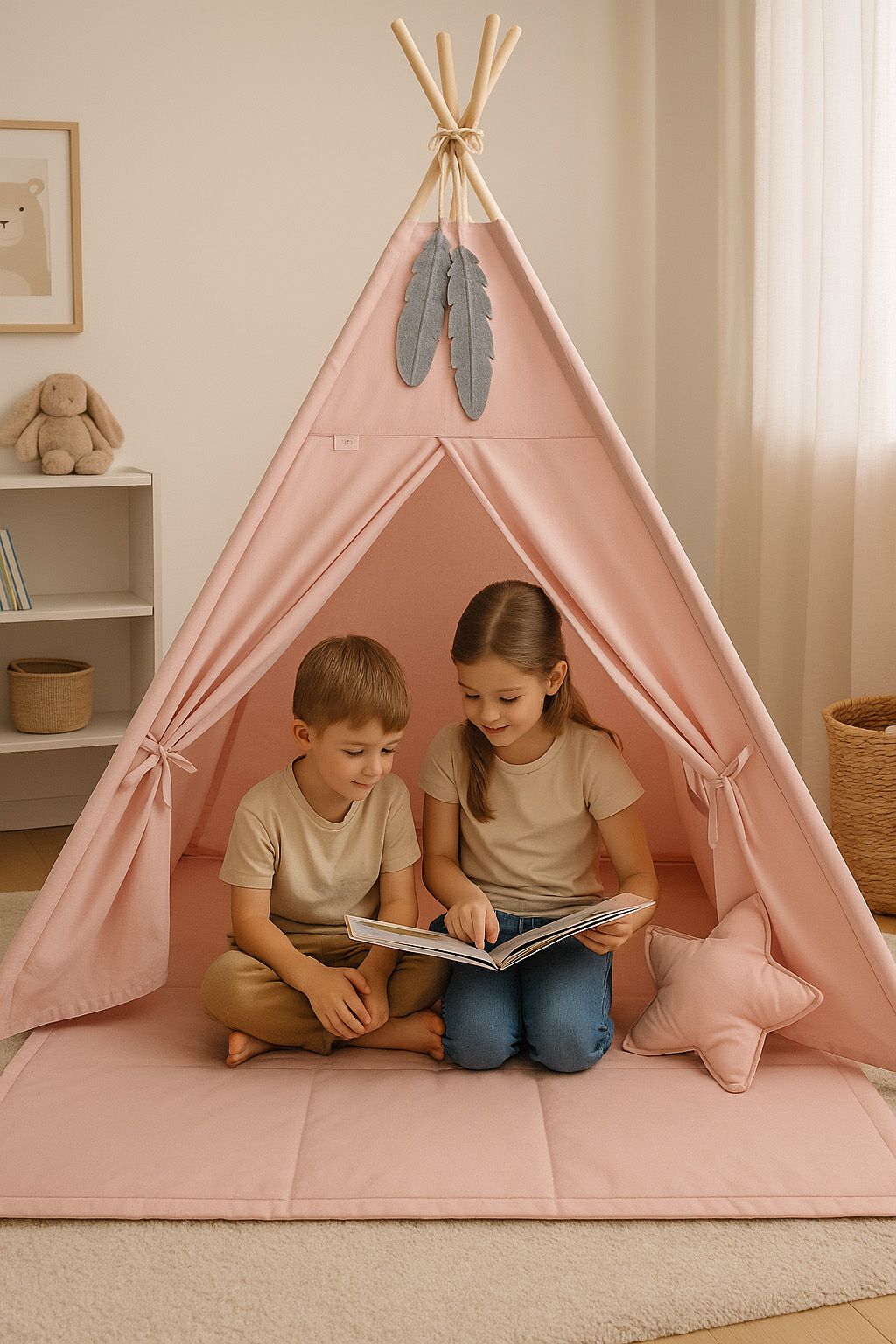 Teepee tent for kids + playmat + pillows + decorative feathers - pastel pink