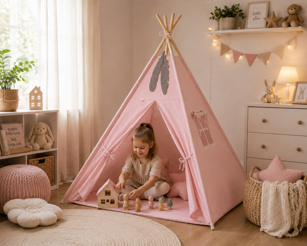Teepee tent for kids + decorative feathers - pastel pink