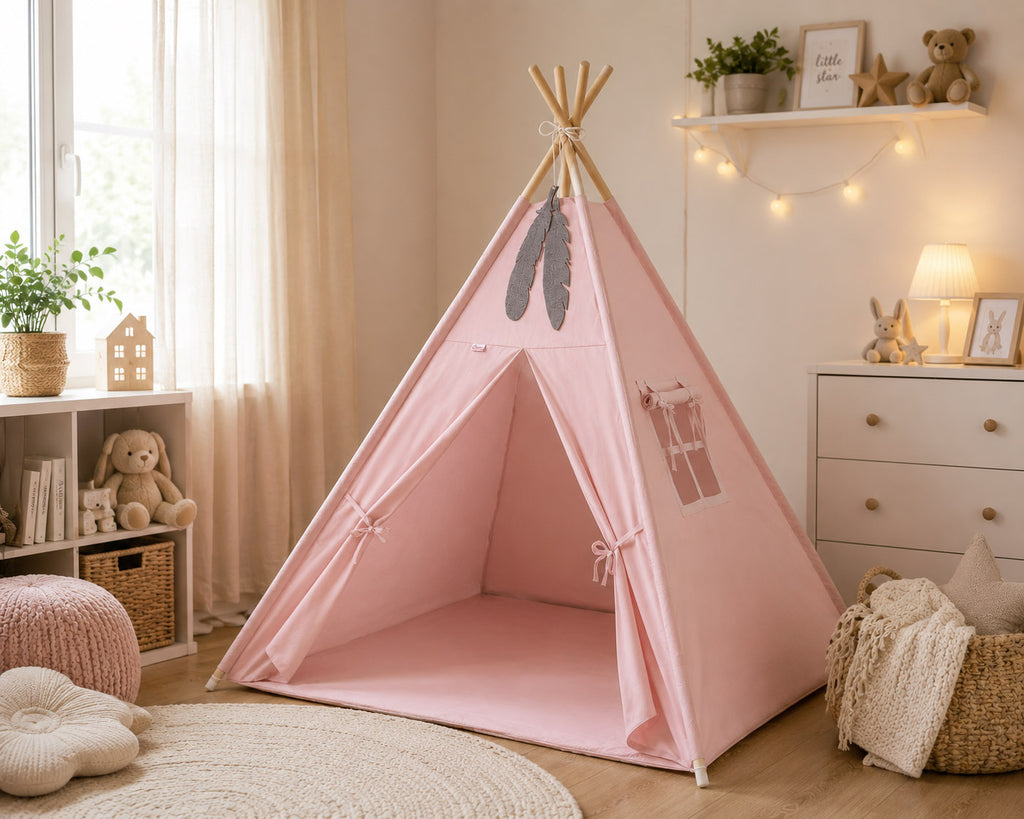 Teepee tent for kids + decorative feathers - pastel pink