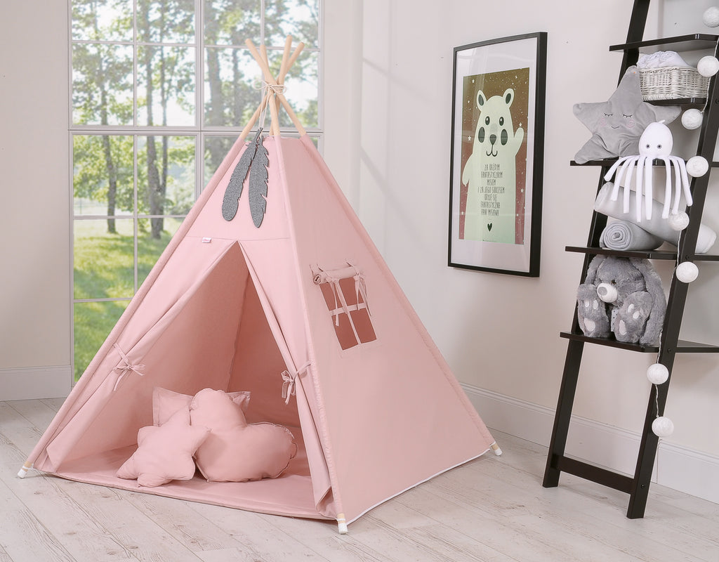 Teepee tent for kids + playmat + pillows + decorative feathers - pastel pink