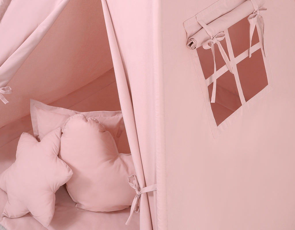 Teepee tent for kids + playmat + pillows + decorative feathers - pastel pink