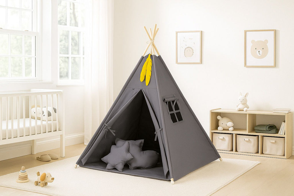 Teepee tent for kids +play mat + decorative feathers - anthracite