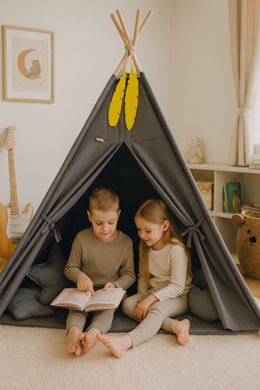 Teepee tent for kids + playmat + pillows + decorative feathers - anthracite