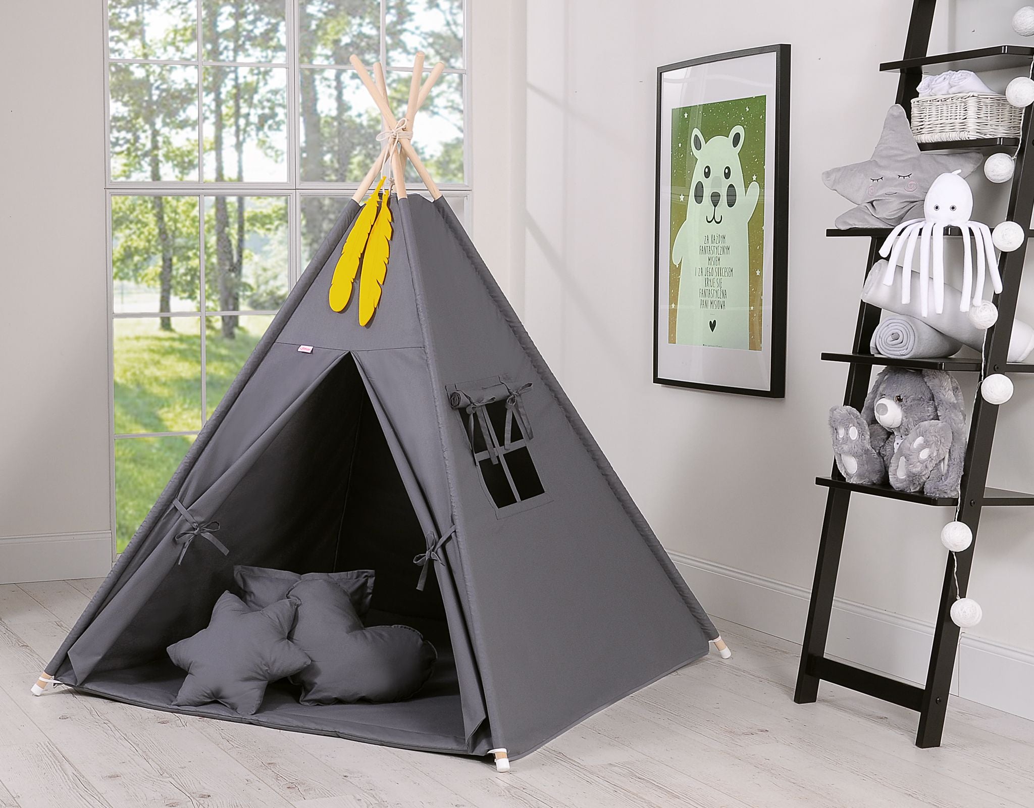Teepee tent for kids + playmat + pillows + decorative feathers - anthracite