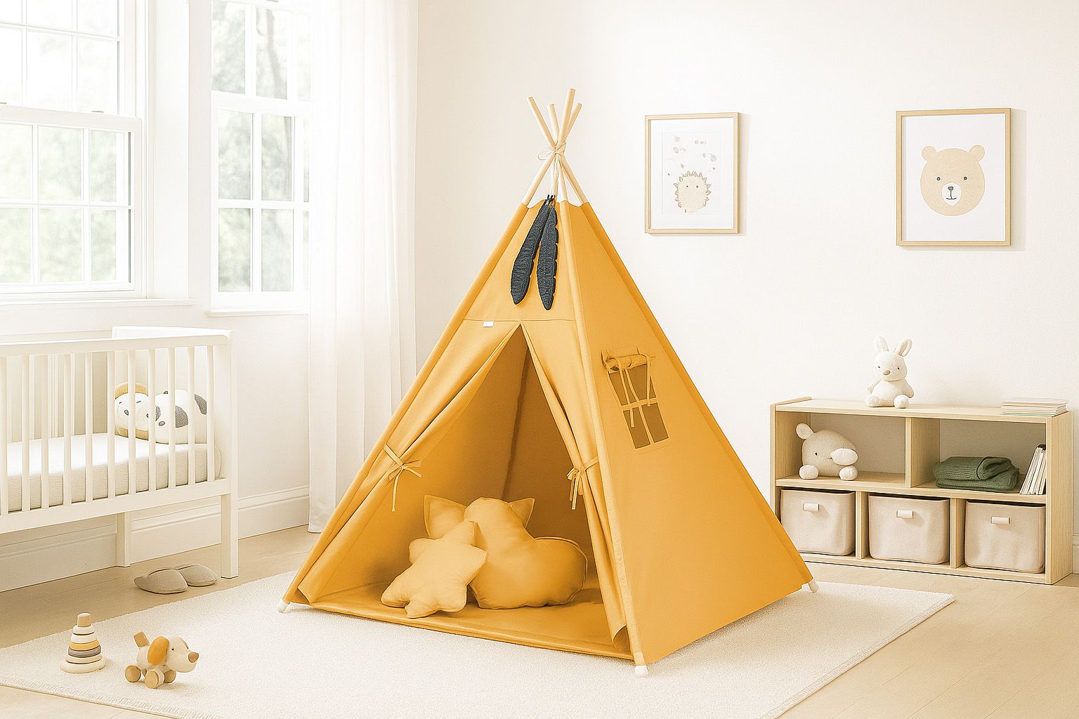 Teepee tent for kids + playmat + pillows + decorative feathers - honey yellow