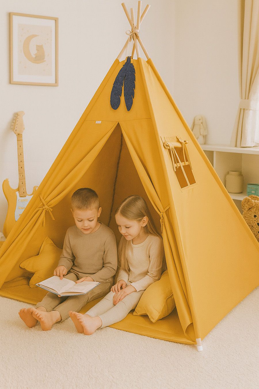 Teepee tent for kids for kids + decorative feathers - honey yellow
