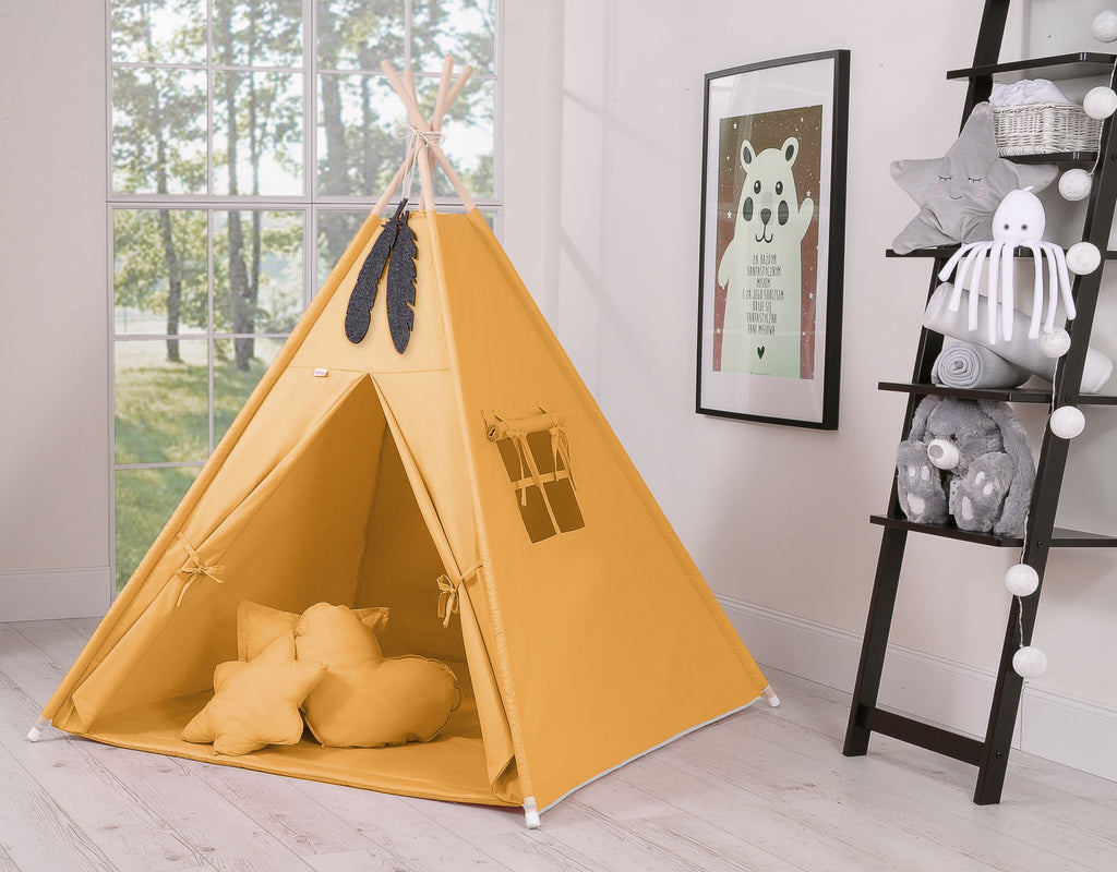 Teepee tent for kids for kids + decorative feathers - honey yellow