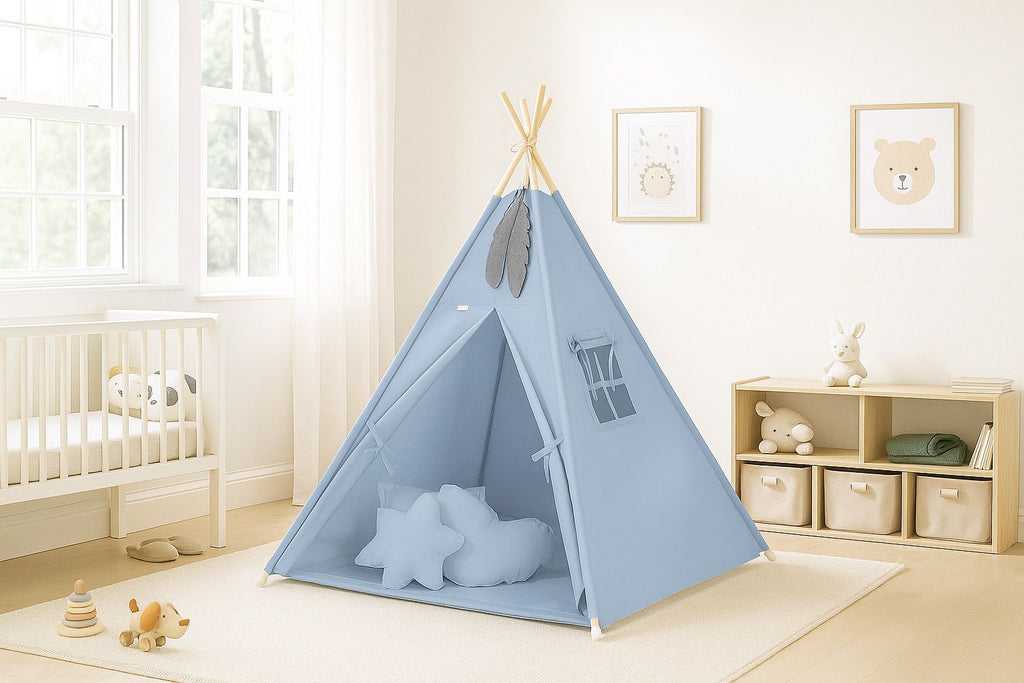 Teepee tent for kids +play mat + decorative feathers - pastel blue