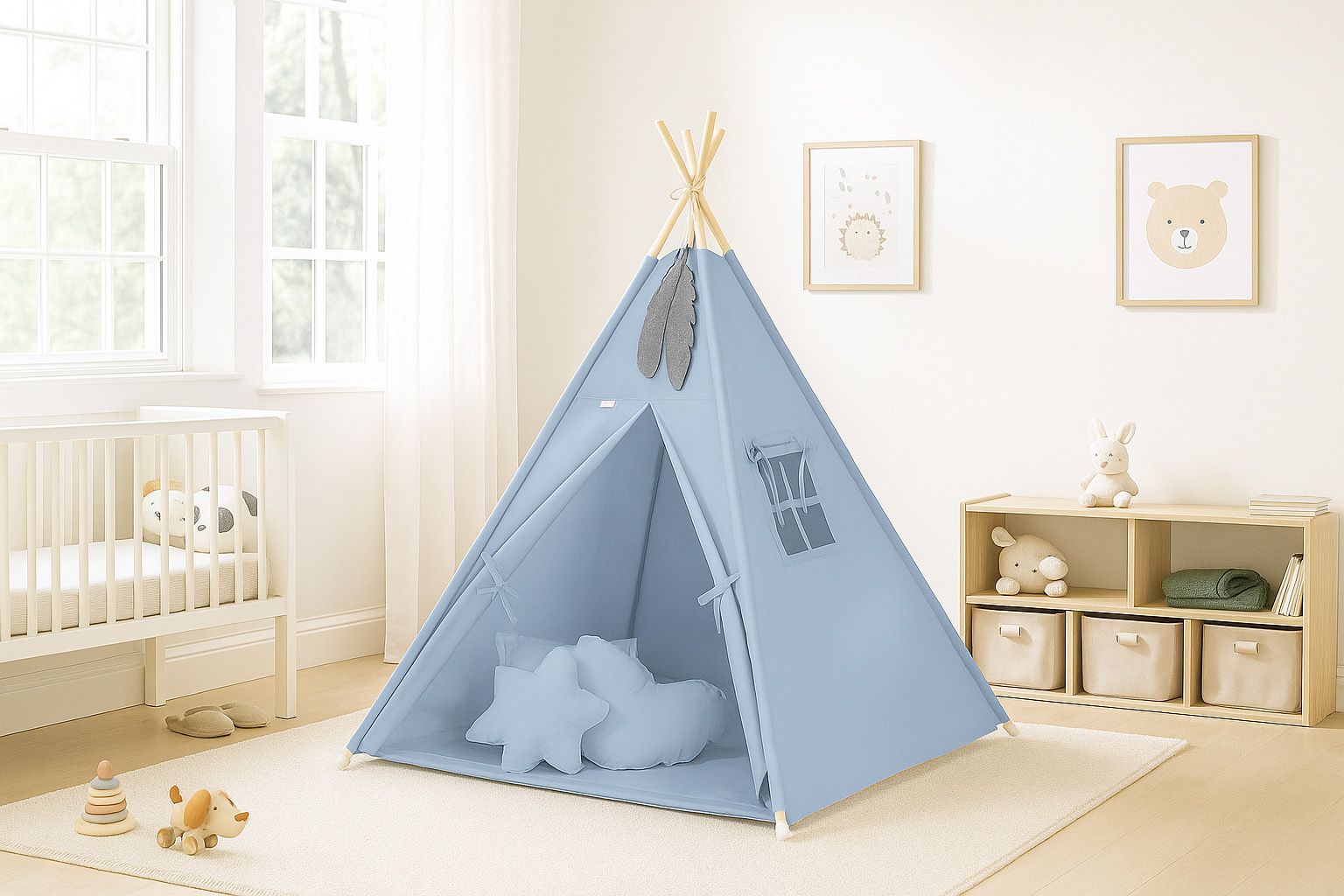 Teepee tent for kids +play mat + decorative feathers - pastel blue
