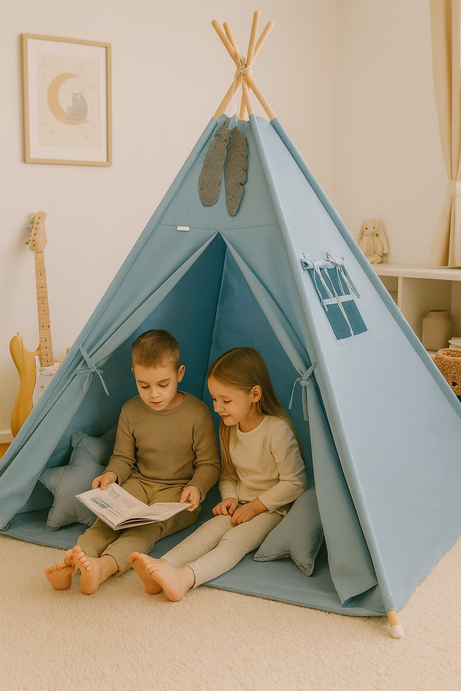 Teepee tent for kids +play mat + decorative feathers - pastel blue