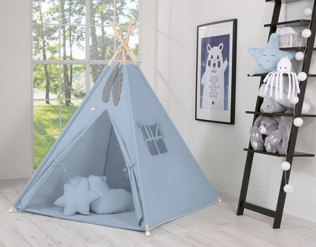 Teepee tent for kids + playmat + pillows + decorative feathers - pastel blue