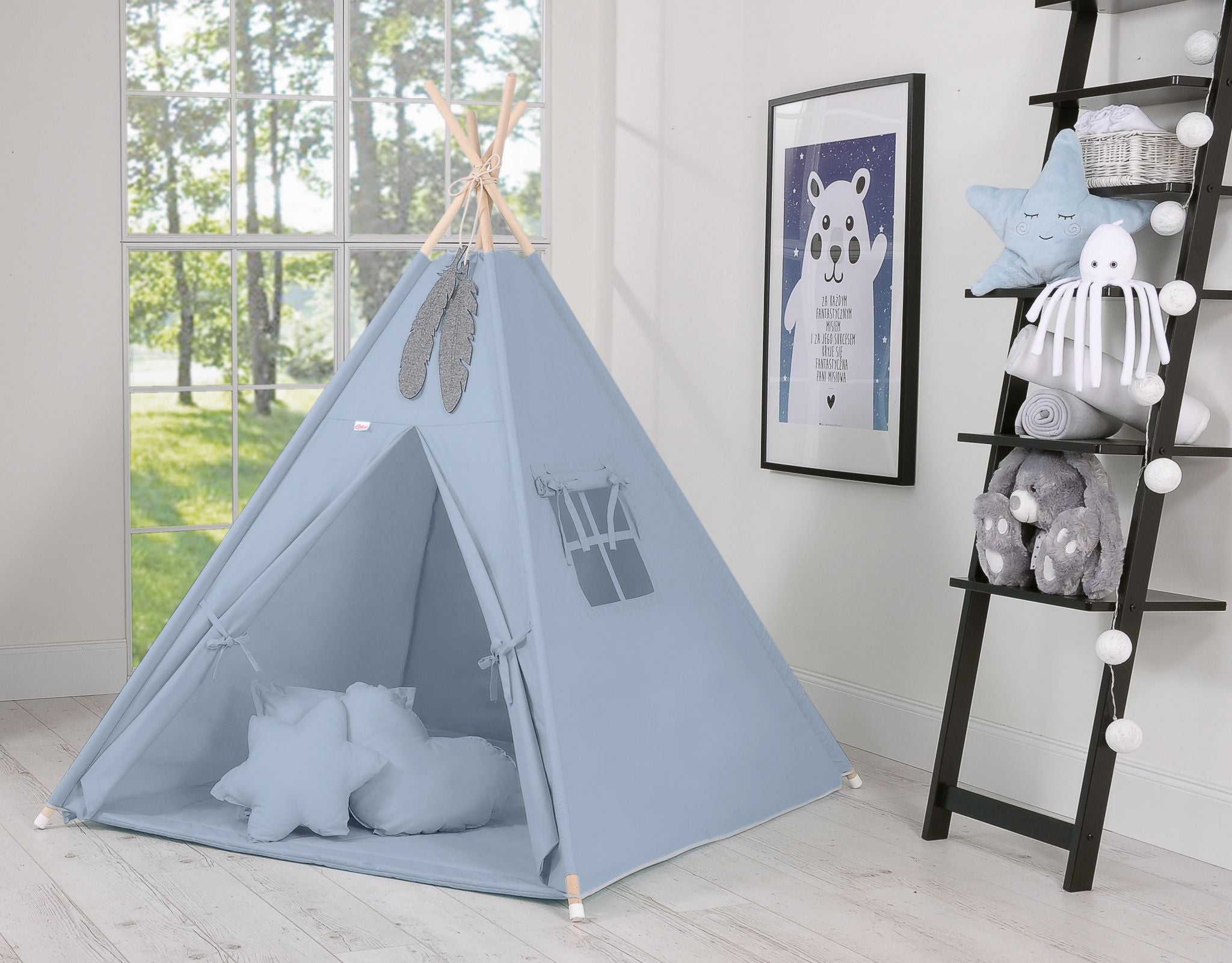 Teepee tent for kids + playmat + pillows + decorative feathers - pastel blue
