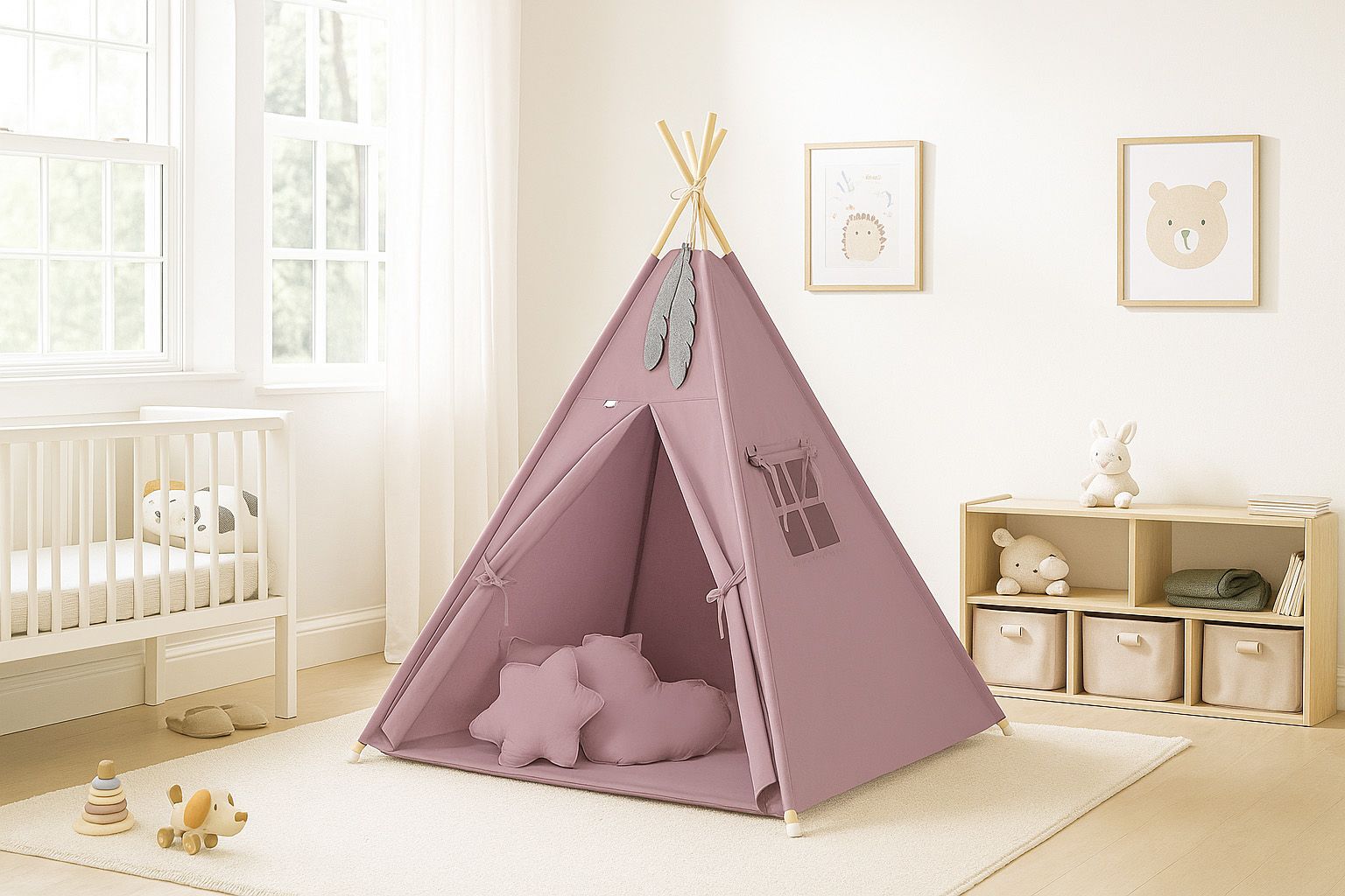 Teepee tent for kids + decorative feathers - pastel violet