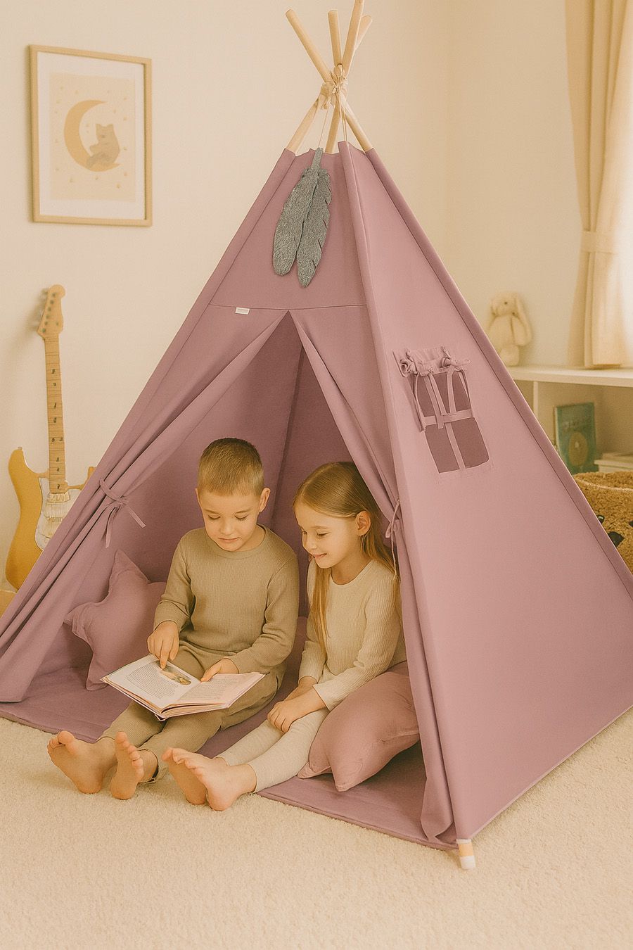 Teepee tent for kids + playmat + pillows + decorative feathers - pastel violet